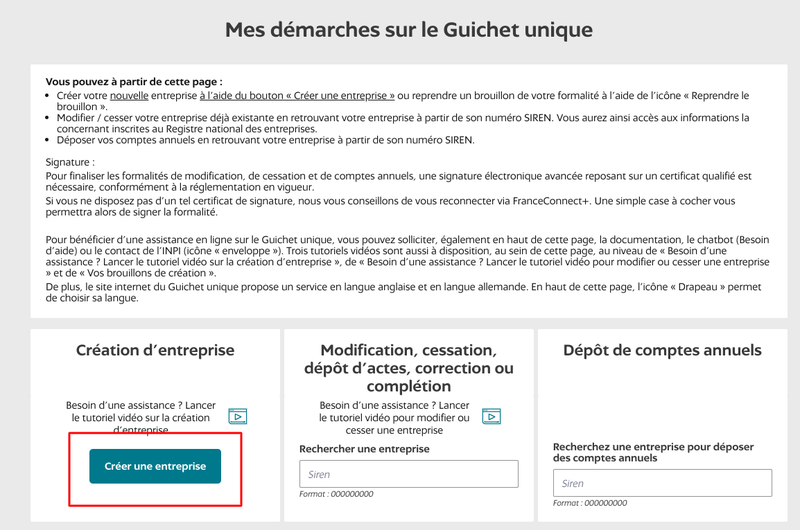 Mes démarches sur le Guichet unique : créer une entreprise